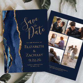 Navy Blue Gold Agate 5-Foto Save The Date