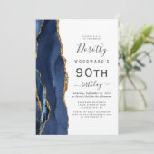 Navy Blue Gold Agate 90th Birthday Party Kaart (Staand voorkant)