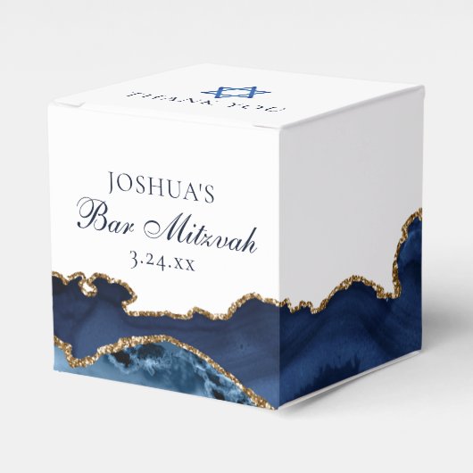 Navy Blue Gold Agate Bar Mitzvah Chic Square Bedankdoosjes (Voorkant Zijde)