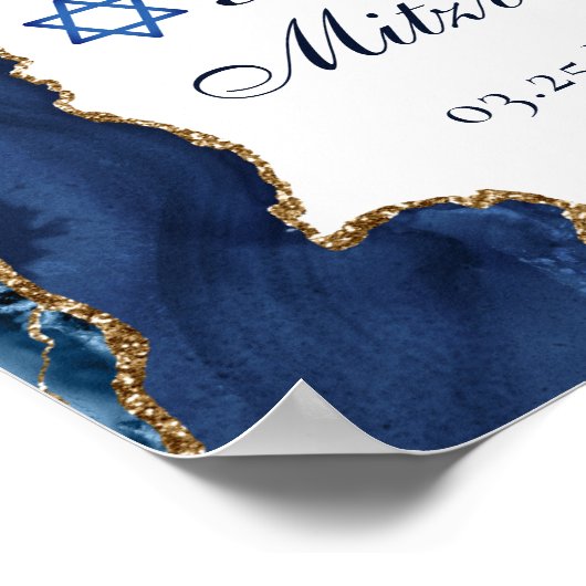 Navy Blue Gold Agate Bar Mitzvah Welkomstwoord Poster (Hoek)