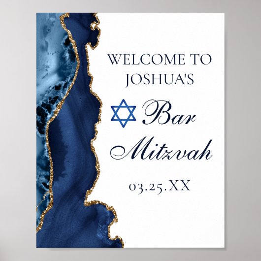 Navy Blue Gold Agate Bar Mitzvah Welkomstwoord Poster (Voorkant)