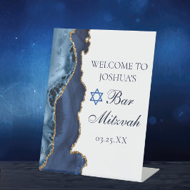 Navy Blue Gold Agate Bar Mitzvah Welkomstwoord Reclamebord Met Voetstuk