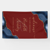 Navy Blue Gold Agate Burgundy Wedding Welcome Spandoek (Horizontaal)