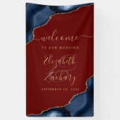 Navy Blue Gold Agate Burgundy Wedding Welcome Spandoek (Verticaal)