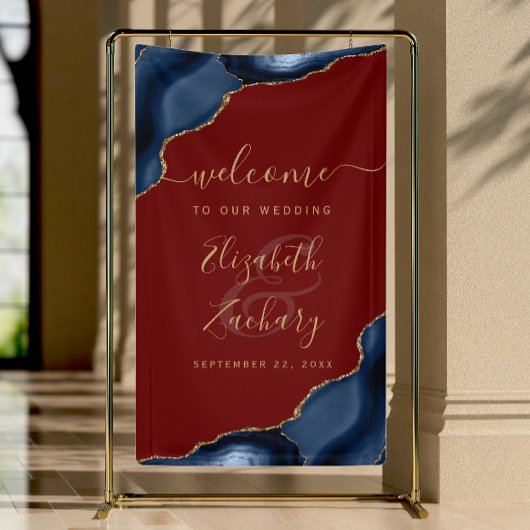 Navy Blue Gold Agate Burgundy Wedding Welcome Spandoek