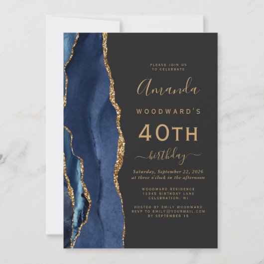 Navy Blue Gold Agate Dark 40th Birthday Party Kaart (Voorkant)