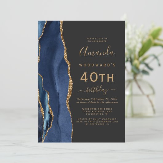 Navy Blue Gold Agate Dark 40th Birthday Party Kaart (Staand voorkant)