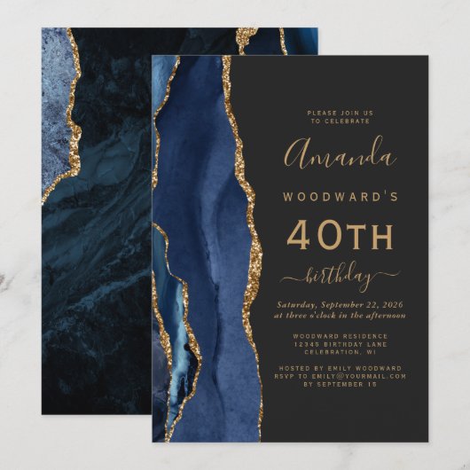 Navy Blue Gold Agate Dark 40th Birthday Party Kaart (Voorkant / Achterkant)