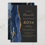 Navy Blue Gold Agate Dark 40th Birthday Party Kaart<br><div class="desc">De linkerrand van deze elegante,  moderne verjaardagsfeestuitnodiging is voorzien van een blauw-marinekliergrens met een gouden faux glitter. De aanpasbare tekst combineert goudkleurige handschrift-,  copperplate- en cursieve lettertypen op een zwarte leisteenachtergrond. De achterzijde is voorzien van een bijpassend blauw en goudvormig ontwerp.</div>