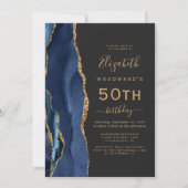 Navy Blue Gold Agate Dark 50th Birthday Party Kaart (Voorkant)