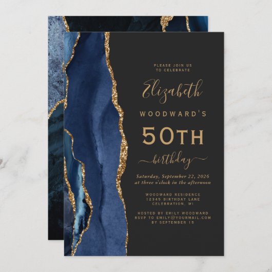 Navy Blue Gold Agate Dark 50th Birthday Party Kaart (Voorkant / Achterkant)