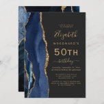 Navy Blue Gold Agate Dark 50th Birthday Party Kaart<br><div class="desc">De linkerrand van deze elegante,  moderne verjaardagsfeestuitnodiging is voorzien van een blauw-marinekliergrens met een gouden faux glitter. De aanpasbare tekst combineert goudkleurige handschrift-,  copperplate- en cursieve lettertypen op een zwarte leisteenachtergrond. De achterzijde is voorzien van een bijpassend blauw en goudvormig ontwerp.</div>