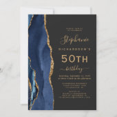Navy Blue Gold Agate Dark 50th Birthday Party Kaart (Voorkant)