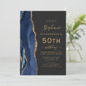 Navy Blue Gold Agate Dark 50th Birthday Party Kaart (Staand voorkant)
