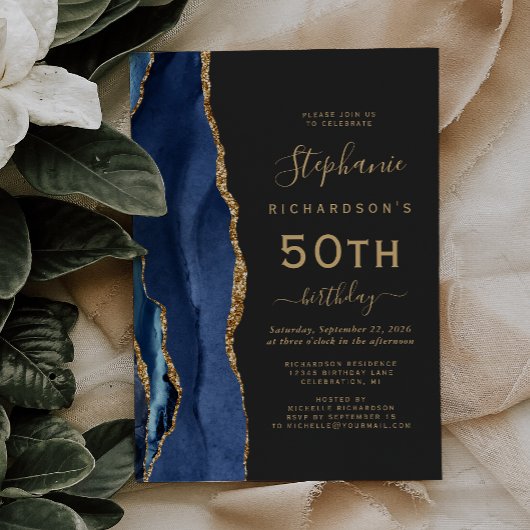 Navy Blue Gold Agate Dark 50th Birthday Party Kaart