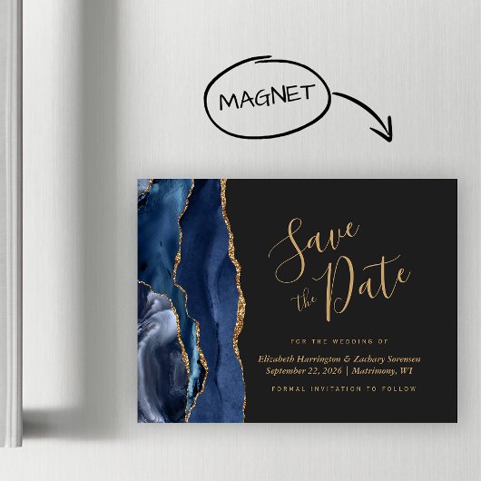 Navy Blue Gold Agate Dark Magnetic Save the Date
