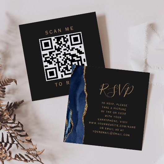Navy Blue Gold Agate Dark Wedding QR Code RSVP Informatiekaartje