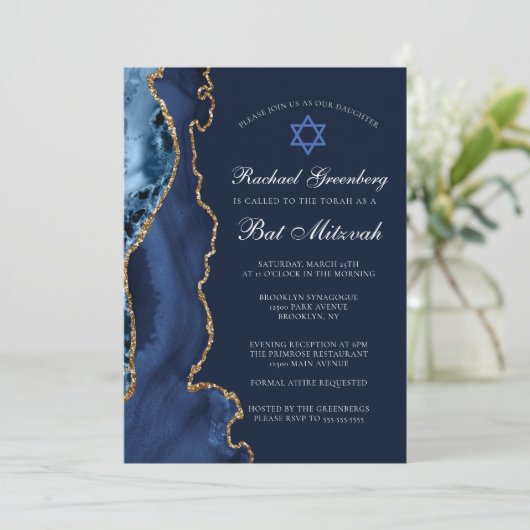 Navy Blue Gold Agate Elegant Bat Mitzvah Kaart (Staand voorkant)