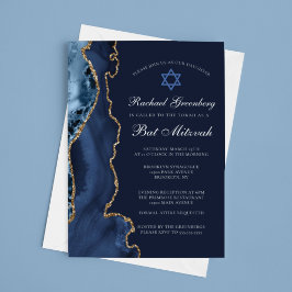 Navy Blue Gold Agate Elegant Bat Mitzvah Kaart