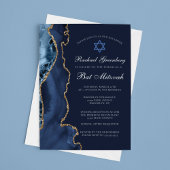 Navy Blue Gold Agate Elegant Bat Mitzvah Kaart