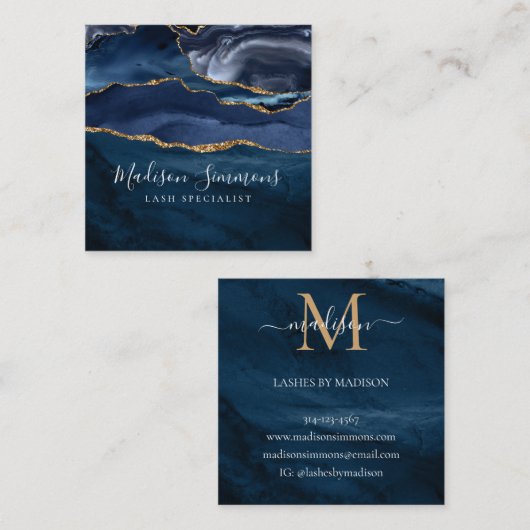 Navy Blue Gold Agate Geode Monogram Elegant Script Vierkante Visitekaartje (Voorkant / Achterkant)