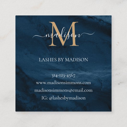 Navy Blue Gold Agate Geode Monogram Elegant Script Vierkante Visitekaartje (Achterkant)