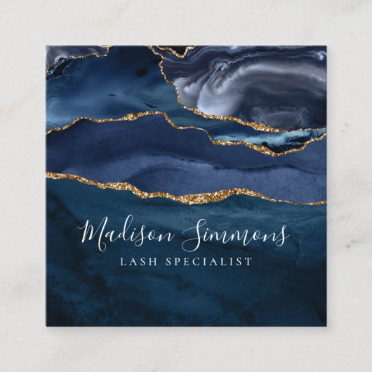 Navy Blue Gold Agate Geode Monogram Elegant Script Vierkante Visitekaartje (Voorkant)