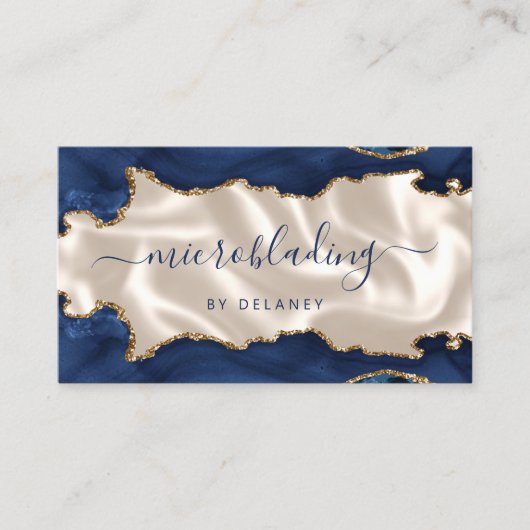 Navy Blue Gold Agate Ivory Luxury Microblading Visitekaartje (Voorkant)
