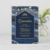 Navy Blue Gold Agate Marble Arch Quinceanera Kaart (Staand voorkant)
