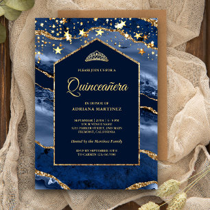 Navy Blue Gold Agate Marble Arch Quinceanera Kaart