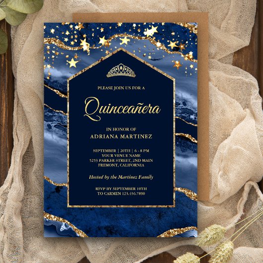 Navy Blue Gold Agate Marble Arch Quinceanera Kaart