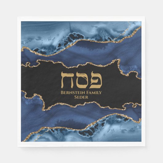 Navy Blue Gold Agate Marble Hebrew Passover Napkin Servet (Voorkant)