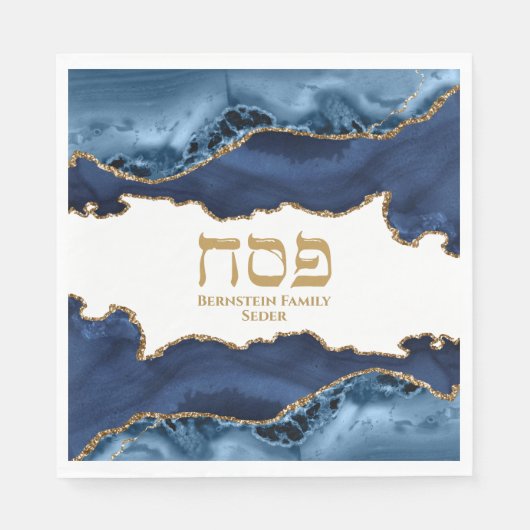 Navy Blue Gold Agate Marble Hebrew Passover Servet (Voorkant)