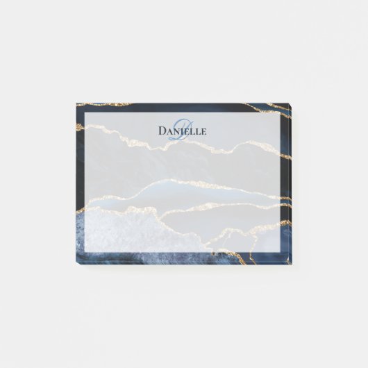 Navy Blue Gold Agate Marble Modern Monogram Post-it® Notes (Voorkant)