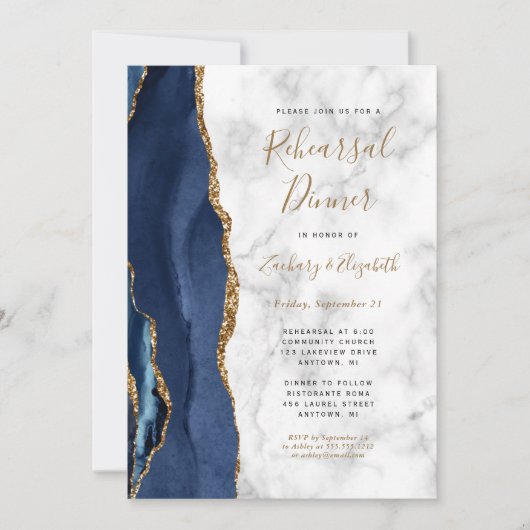  Navy Blue Gold Agate Marble Rehearsal Dinner Kaart (Voorkant)