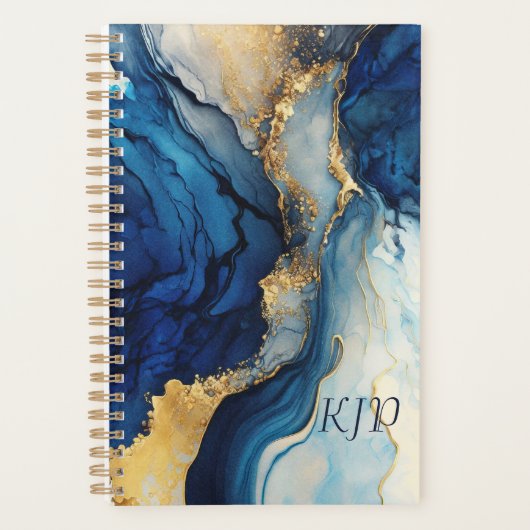 Navy Blue Gold Agate Marble Waterverf Planner (Voorkant)