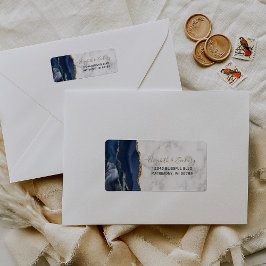 Navy Blue Gold Agate Marble Wedding Return Address Etiket