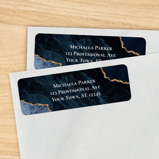 Navy Blue Gold Agate Modern Return Address Etiket