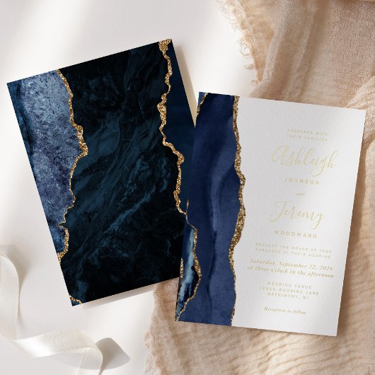 Navy Blue Gold Agate Modern Wedding Folie Uitnodiging