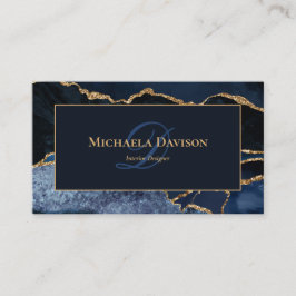 Navy Blue Gold Agate Monogram Elegant Visitekaartje