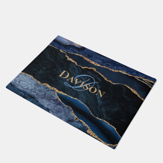 Navy Blue Gold Agate Monogram Modern Deurmat (Schuin)