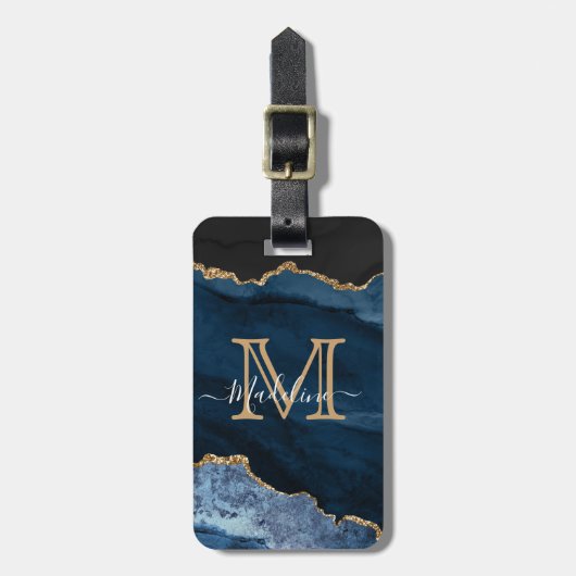 Navy Blue Gold Agate Monogram Name Script Initiaal Bagagelabel (Voorkant verticaal)