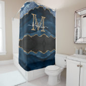 Navy Blue Gold Agate Monogram Name Script Initiaal Douchegordijn (In situ)
