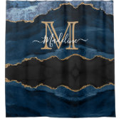 Navy Blue Gold Agate Monogram Name Script Initiaal Douchegordijn (Voorkant)