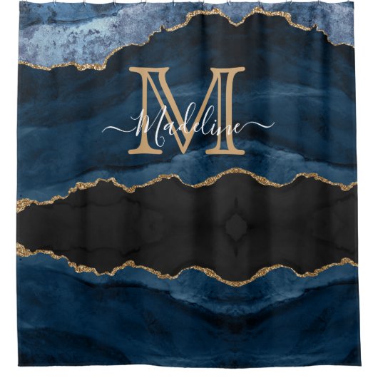 Navy Blue Gold Agate Monogram Name Script Initiaal Douchegordijn (Voorkant)