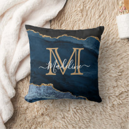 Navy Blue Gold Agate Monogram Name Script Initiaal Kussen