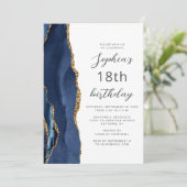 Navy Blue Gold Agate Script 18th Birthday Kaart (Staand voorkant)