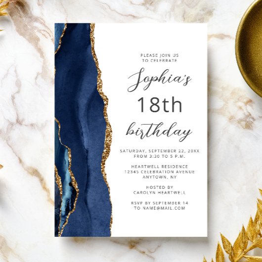 Navy Blue Gold Agate Script 18th Birthday Kaart