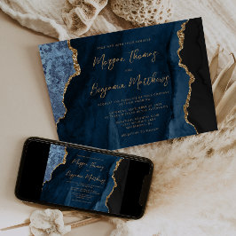 Navy Blue Gold Agate Script Wedding Kaart
