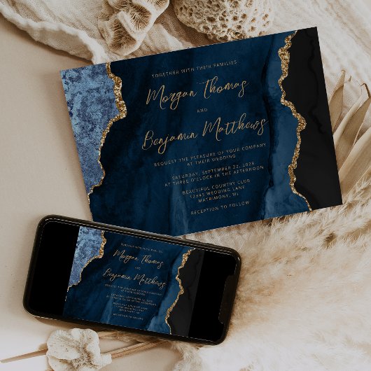 Navy Blue Gold Agate Script Wedding Kaart